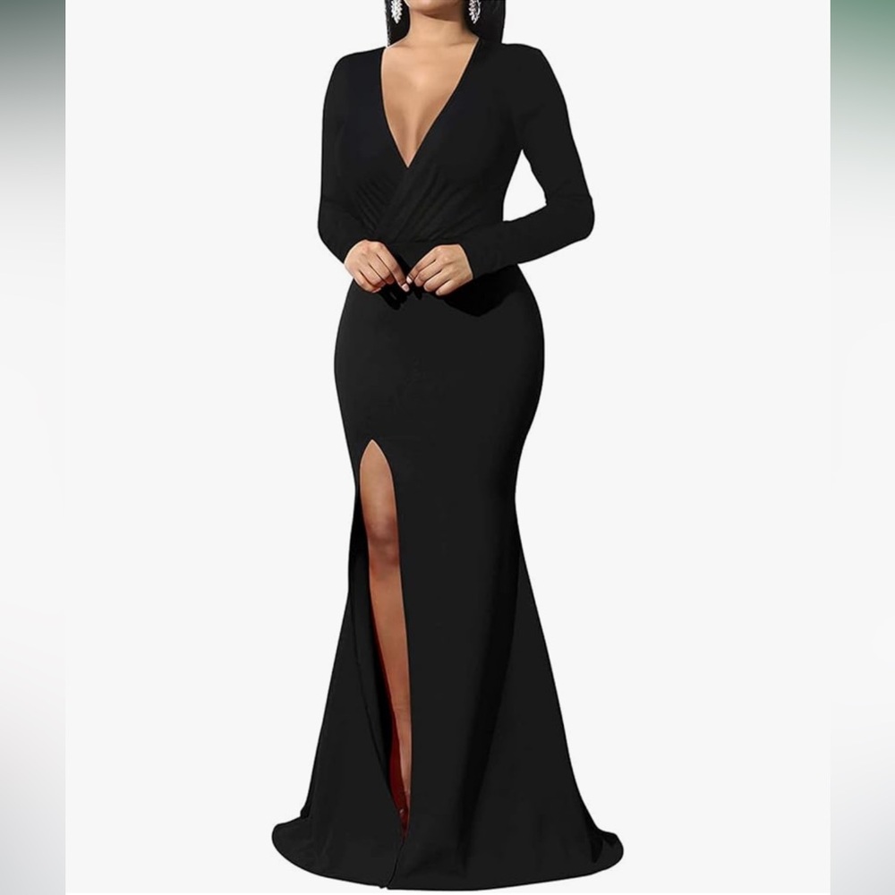 Deep v neck side slit formal gown long dress